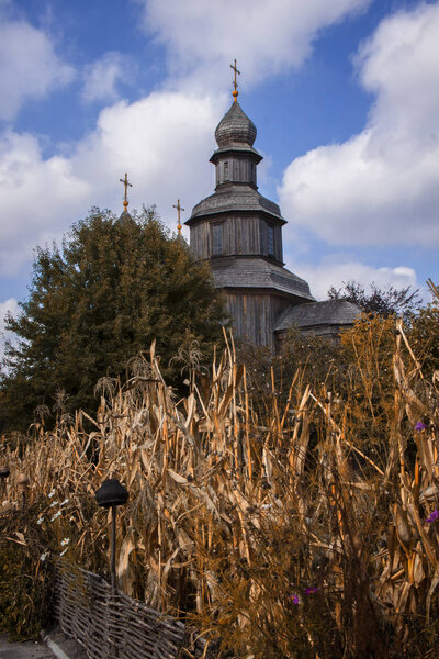 Old wooden church on the background of autumn leaves