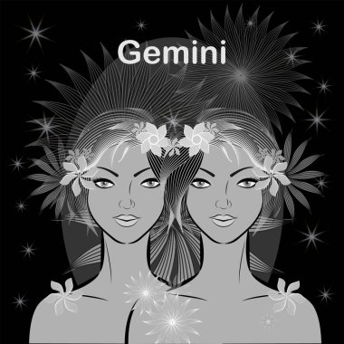 Siyah bir arka planı olan zarif, nazik bir kız. Zodyak Gemini 'nin işareti.