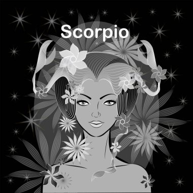 Siyah bir arka planı olan zarif, nazik bir kız. Zodiac Scorpio 'nun işareti.