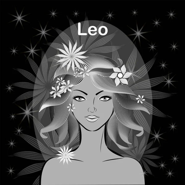 Elegant Gentle Girl Fantastic Hairdo Black Background Sign Zodiac Leo — Stock Vector
