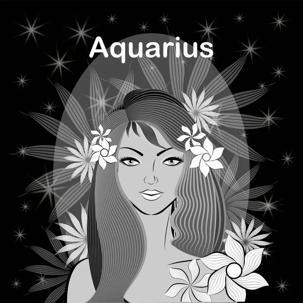 Elegant Gentle Girl Fantastic Hairdo Black Background Sign Zodiac Aquarius — Stock Vector