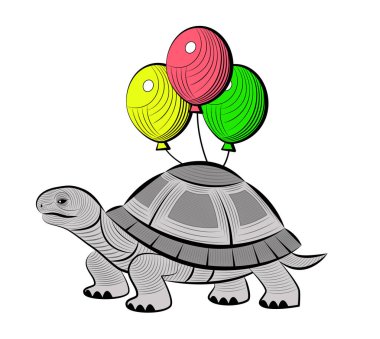Kabuğunda renkli balonlar taşıyan, siyah arka planda izole edilmiş bir kaplumbağanın garip bir vektör çizimi. Gerçek üstü ve eğlenceli hayvan tasarımı parti davetiyeleri, doğum günü kartları, çocuk çizimleri, fantezi sanatı için mükemmel.