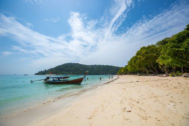 Tropikal sahilde uzun kuyruk teknesi, Krabi, Tayland