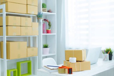 arka planda ev ofis ambalaj çalışan iş sahibi