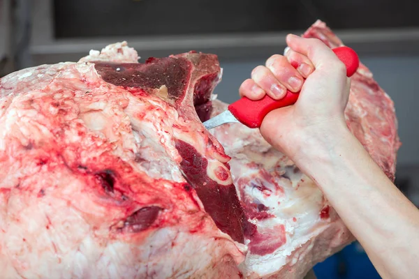 Tagliare Carne Nel Negozio Carne — Foto Stock