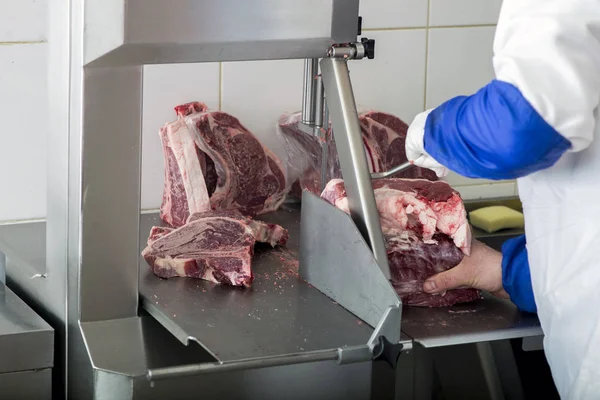 Såg Bandet Skär Kött Kött Butik — Stockfoto