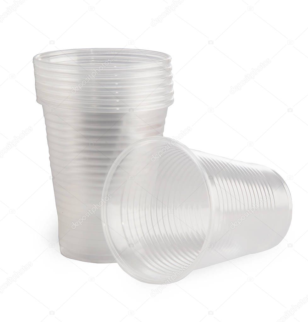 plastic disposable glasses on white background