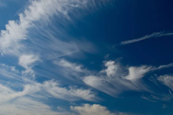 Nuvens de cirros suaves impulsionadas pelo vento em um céu azul — Fotografia de Stock
