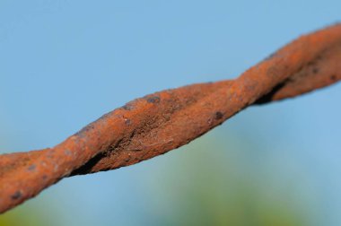 Mavi arka plan üzerinde paslı tel closeup