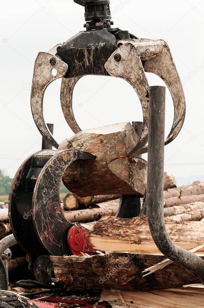 Large log being split by hanging timber jaws and hydraulic log jaw wood splitter