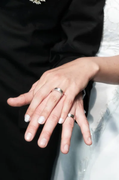 Closeup view of married couple\'s hands showing wedding rings