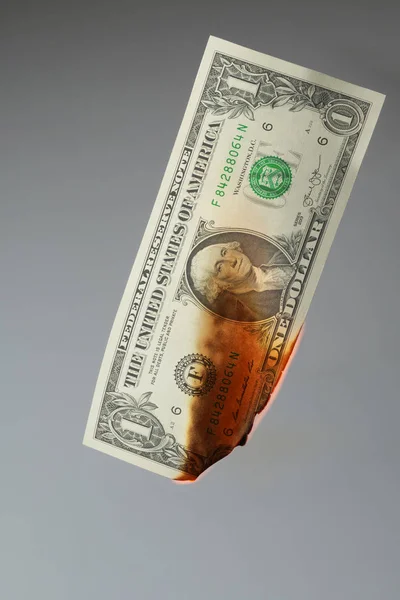 Ein Dollar Schein Brennt Flammen Isoliert Auf Grauem Hintergrund — Stockfoto