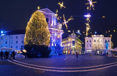 LJUBLJANA, SLOVENIA - DECEMBER 18, 2017: Preseren Square - Presernov trg - in Ljubljana, Slovenija in festive December