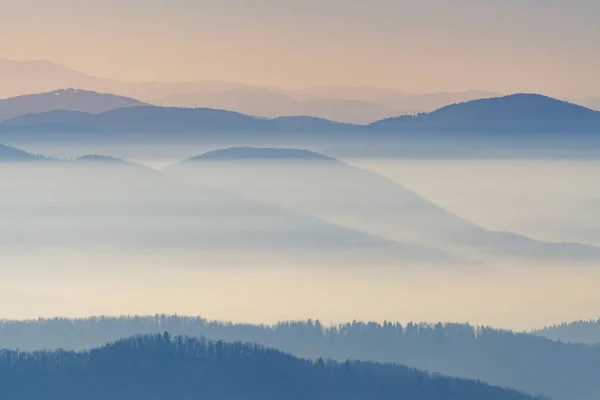 Veduta Aerea Delle Colline Che Fuoriescono Dalle Valli Nebbiose Una — Foto Stock