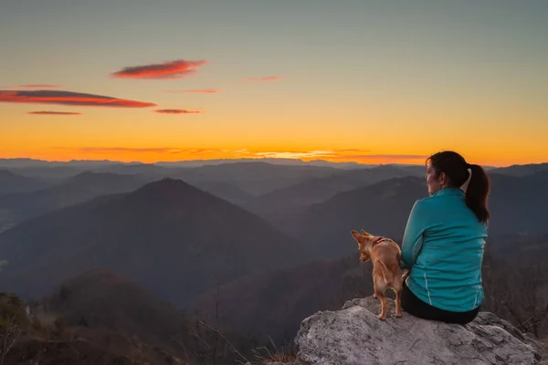 Female hiker sitting on rock and watching the sunset sky with her dog on top of the hill. Hiking, animal friends, lifestyle and nature concepts.