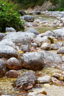 Kayalar ve taşlar arasında akan huzurlu bir alp dere ile güzel manzara