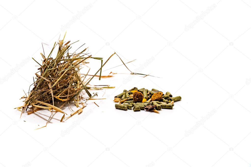 Hay and feed for rodents on a white background 2018
