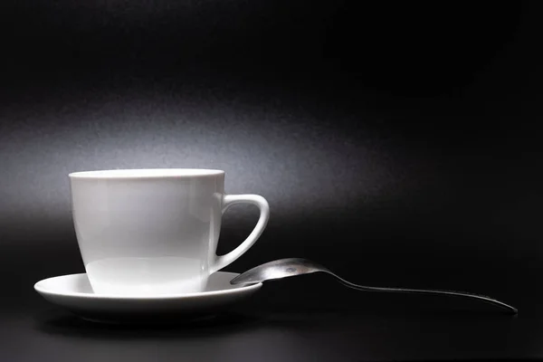 White Cup Saucer Spoon Black Background 2018 — Stock Photo, Image