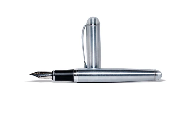 Fountain Pen Silver Cap White Background 2019 — Stock Photo, Image