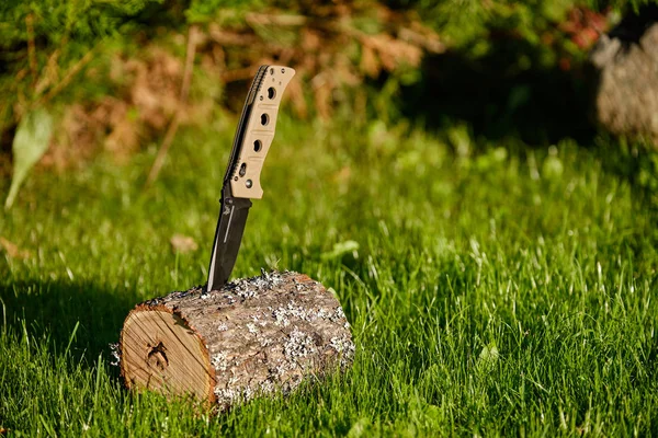 Cuchillo plegable sobre un muñón sobre un fondo de hierba —  Fotos de Stock