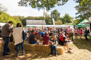 St Fagans, İngiltere - 14 Temmuz 2017: Hay St Fagans, Cardiff, Galler gıda festival üzerinde yemek insanlar oturup 