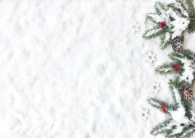 Noel kar, doğal köknar ağacı twigs, Beyaz ahşap Noel yıldız, karlı çam kozalakları ve kırmızı meyveler ile arka plan. Üstten görünüm.               