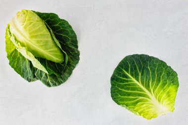 Gri arka planda tüm sivri bahar lahana ve yaprak