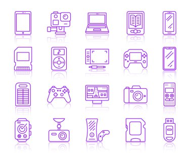 Aygıt ince çizgi simgeler kümesi. Anahat vektör tek renkli web işareti kiti gadget. Elektronik satırı simgesi toplama içerir konsol, tablet, laptop. İzole yansıması ile basit aygıt simgesi