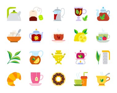 Çay basit düz renkli simgeler kümesi vektör
