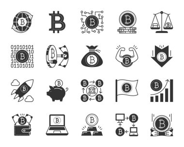 Bitcoin siyah siluet simgeler vektör set