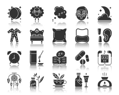 Uykusuzluk siyah siluet simgeler vektör set