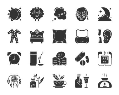 Uykusuzluk siyah siluet simgeler vektör set