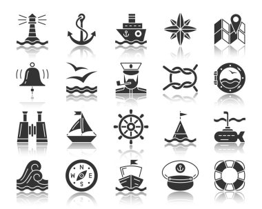 Deniz siyah siluet simgeler kümesi vektör