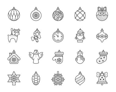 Xmas ağacı dekor basit siyah çizgi simgeler kümesi vektör