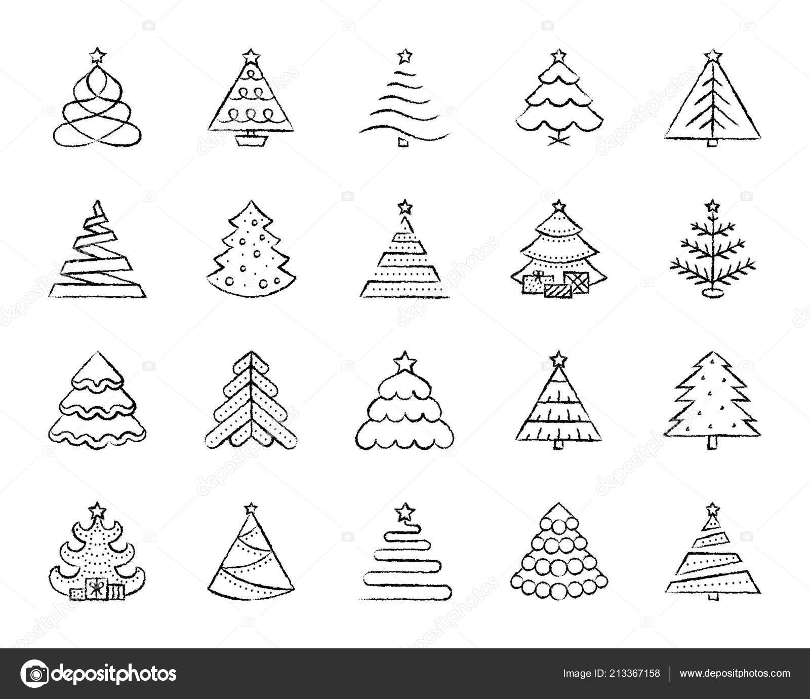 Christmas Tree Charcoal Draw Line Icons Vector Set Stock