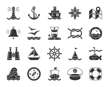 Deniz set deniz siyah glif simgeler vektör