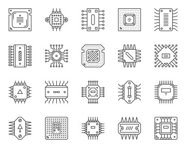 Mikro çip işlemci basit siyah çizgi simgeleri vektör seti