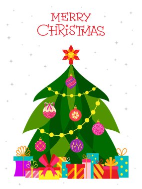 Noel tebrik kartı ağaç hediye metin düz vektör