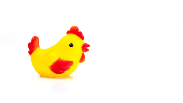 Close Little Toy Chicken Sitting Isolated White Background — Stock Photo, Image