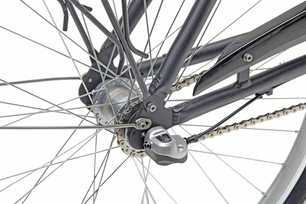 Elszigetelt kerékpár hátsó kerékpár kerékpár motor, lánc, küllő — Stock Fotó
