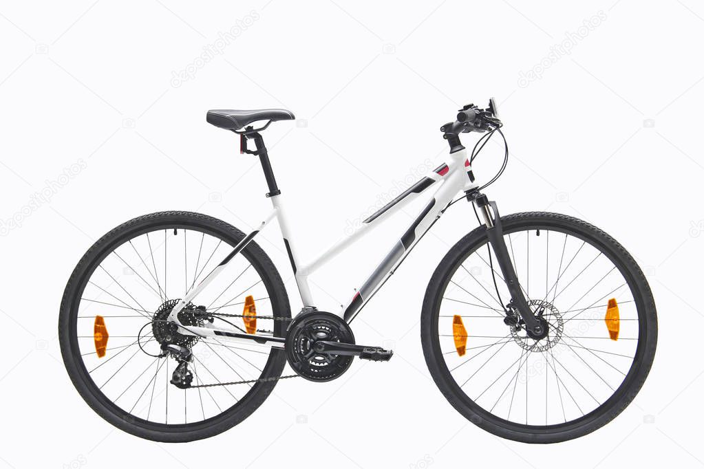 Isolated lady Mountain Bike with white frame and white backround