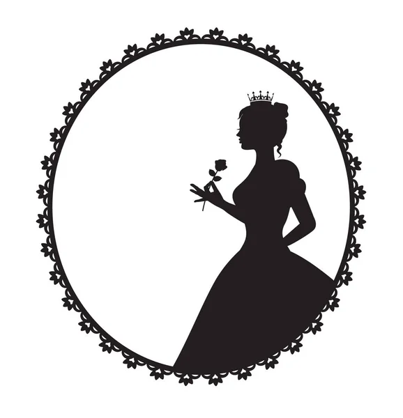 Силуэт Принцессы Длинном Пышном Платье Розой Узорчатой Рамке — стоковый вектор