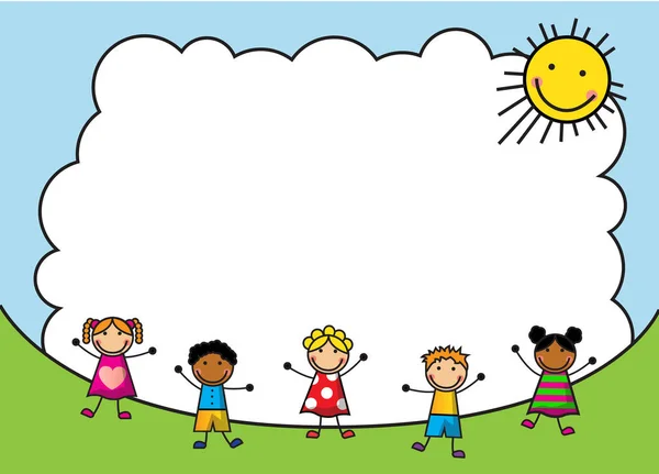 Niños Dibujos Animados Saltando Prado Contra Cielo — Vector de stock