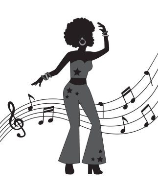 kadın disko tarzı siyah silüeti. Bir kadın dans ediyor ve alevlendi pantolon giymiş ve kıvırcık saçlı