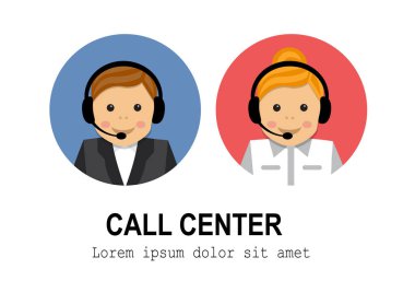 Erkek ve kadın Merkezi çalışanları kulaklık ve mikrofon ile ara