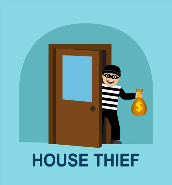 Thief Max Striped Clothes Peeks Out Front Door Holds Bag — Stock Vector