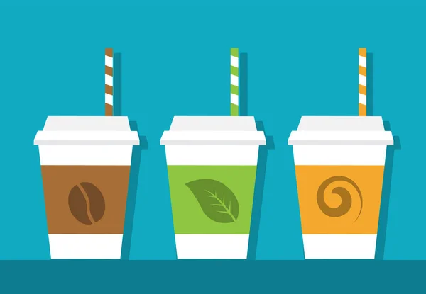 Tres Tazas Café Papel Diferentes Vasos Con Pajitas Sobre Fondo — Vector de stock