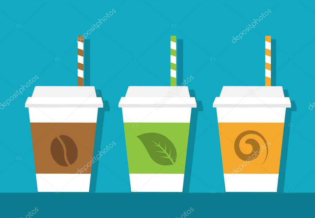 three paper coffee cups of different glasses with straws on a blue background