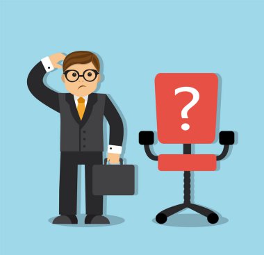 işadamı düşünüyor ve hangi soru işareti kırmızı ofis koltuğu yanında duruyor
