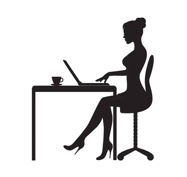 Black Silhouette Woman Sitting Table Laptop Table Mug Tea — Stock Vector